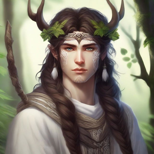 A high-quality digital art image of a human druid with brown hair and white skin