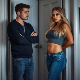 An emotional confrontation at an apartment door where a boyfriend is upset with his curvy girlfriend