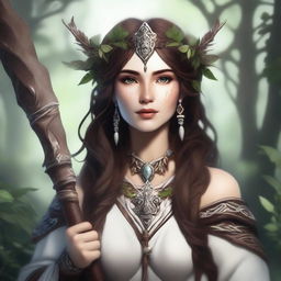 A high-quality digital art image showcasing a human female druid with brown hair and white skin