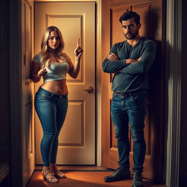 A dramatic scene at an apartment door where a curvy girlfriend defiantly gives her boyfriend the finger while he stands upset