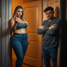 A dramatic scene at an apartment door where a curvy girlfriend defiantly gives her boyfriend the finger while he stands upset