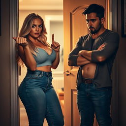 A dramatic scene at an apartment door where a curvy girlfriend defiantly gives her boyfriend the finger while he stands upset