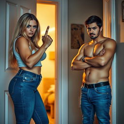 A dramatic scene at an apartment door where a curvy girlfriend defiantly gives her boyfriend the finger while he stands upset