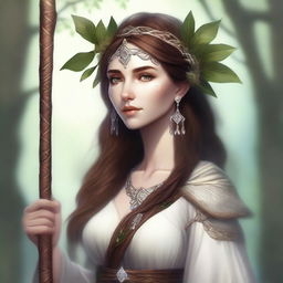 A high-quality digital art image showcasing a human female druid with brown hair and white skin