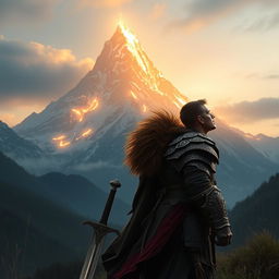 A fierce warrior clad in intricate armor, gazing up and to the right at a majestic mountain illuminated by a mystical glow