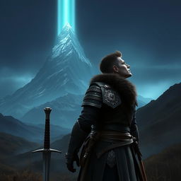 A fierce warrior clad in intricate armor, gazing up and to the right at a majestic mountain illuminated by a mystical glow