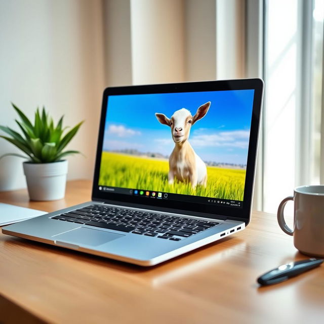 A modern laptop open on a wooden desk, displaying a vibrant desktop screen featuring a cute goat image, with a playful expression