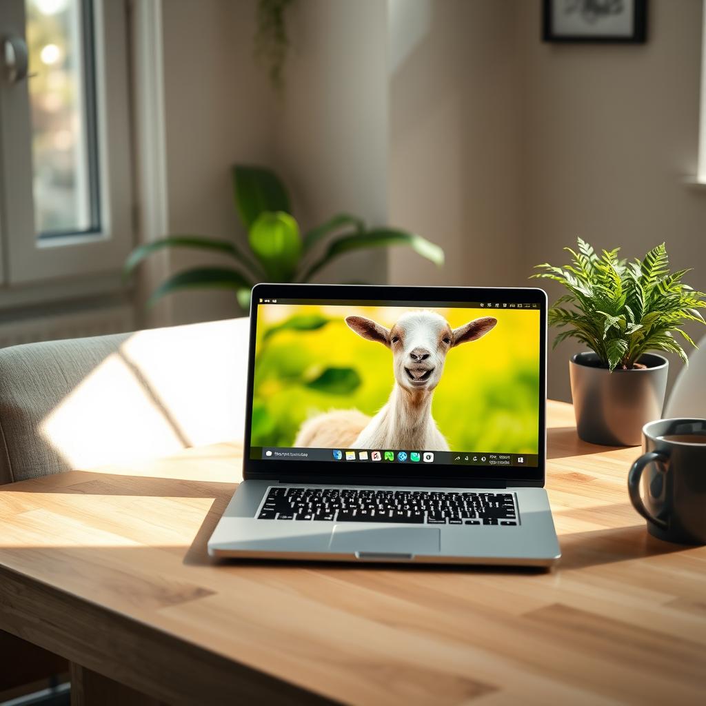 A modern laptop open on a wooden desk, displaying a vibrant desktop screen featuring a cute goat image, with a playful expression