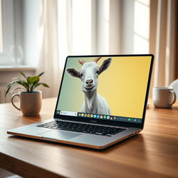 A modern laptop open on a wooden desk, displaying a vibrant desktop screen featuring a cute goat image, with a playful expression