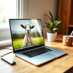 A modern laptop open on a wooden desk, displaying a vibrant desktop screen featuring a cute goat image, with a playful expression