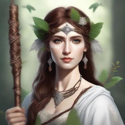 A high-quality digital art image showcasing a human female druid with brown hair and white skin