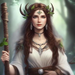 A high-quality digital art image showcasing a human female druid with brown hair and white skin