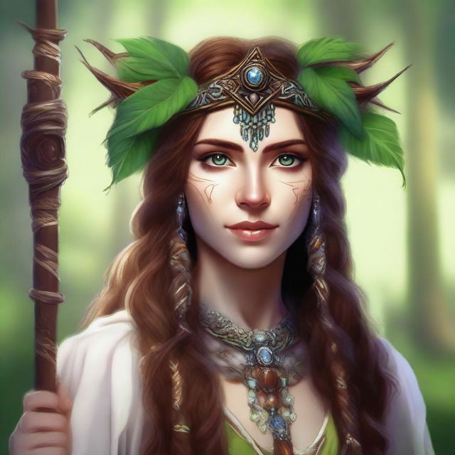 A high-quality digital art image displaying an expressive human female druid with brown hair and white skin