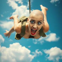 A beautiful bald woman with striking blue eyes and vibrant red lips, falling gracefully from the sky