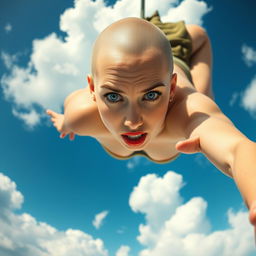 A beautiful bald woman with striking blue eyes and vibrant red lips, falling gracefully from the sky