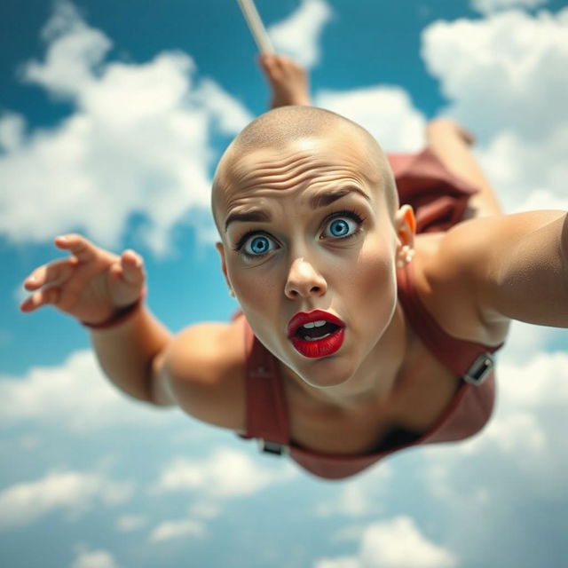 A beautiful bald woman with striking blue eyes and vibrant red lips, falling gracefully from the sky