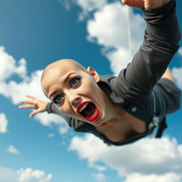 A beautiful bald woman with striking blue eyes and vibrant red lips, falling gracefully from the sky