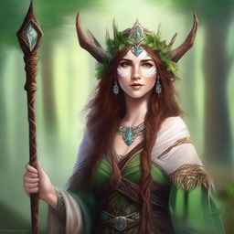 A high-quality digital art image displaying an expressive human female druid with brown hair and white skin