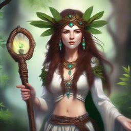 A high-quality digital art image displaying an expressive human female druid with brown hair and white skin