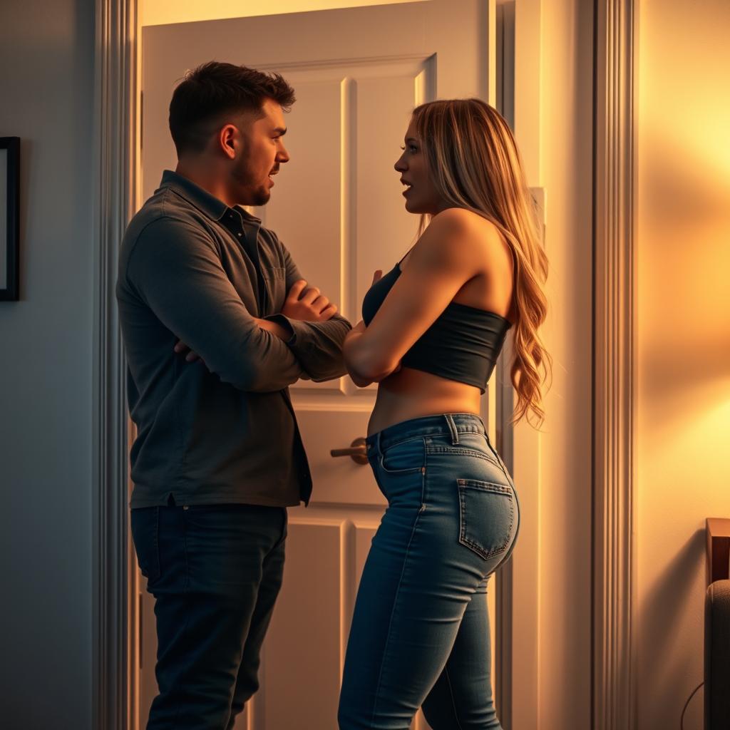 A dramatic scene at an apartment door where a boyfriend is confronted by his curvy girlfriend, who is visibly upset and yelling at him