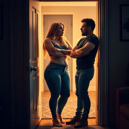 A dramatic scene at an apartment door where a boyfriend is confronted by his curvy girlfriend, who is visibly upset and yelling at him