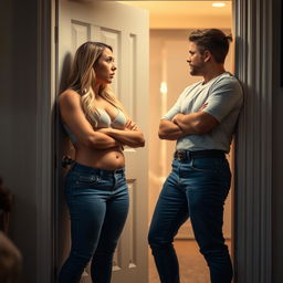 A dramatic scene at an apartment door where a boyfriend is confronted by his curvy girlfriend, who is visibly upset and yelling at him