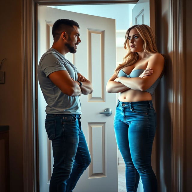 A dramatic scene at an apartment door where a boyfriend is confronted by his curvy girlfriend, who is visibly upset and yelling at him