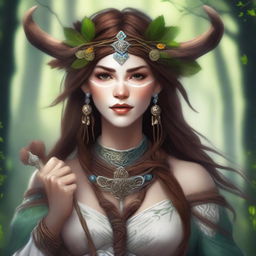 A high-quality digital art image displaying an expressive human female druid with brown hair and white skin