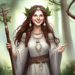 A high-quality digital art image portraying a happy human female druid with brown hair and white skin