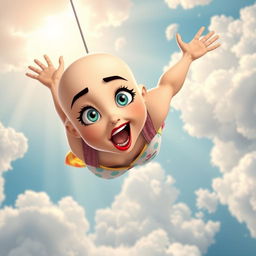 A beautiful bald cartoon woman with striking blue eyes and vibrant red lips, depicted in mid-fall from the sky, showcasing a scared expression