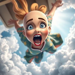 A beautiful bald cartoon woman with striking blue eyes and vibrant red lips, depicted in mid-fall from the sky, showcasing a scared expression