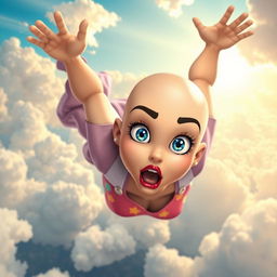 A beautiful bald cartoon woman with striking blue eyes and vibrant red lips, depicted in mid-fall from the sky, showcasing a scared expression