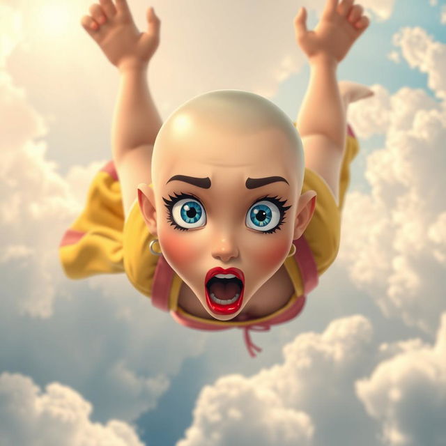 A beautiful bald cartoon woman with striking blue eyes and vibrant red lips, depicted in mid-fall from the sky, showcasing a scared expression