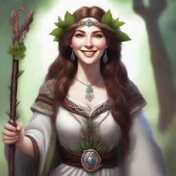 A high-quality digital art image portraying a happy human female druid with brown hair and white skin