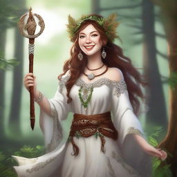 A high-quality digital art image portraying a happy human female druid with brown hair and white skin