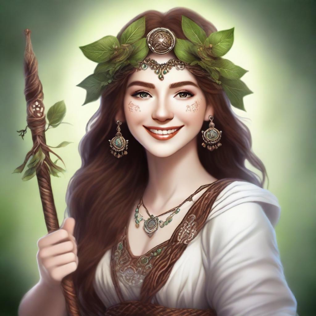 A high-quality digital art image portraying a happy human female druid with brown hair and white skin