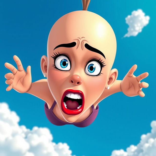 A beautiful bald cartoon woman with striking blue eyes and vibrant red lips, her facial expression conveying surprise and fear as she falls from a bright blue sky