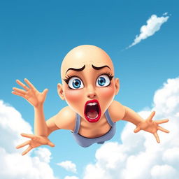 A beautiful bald cartoon woman with striking blue eyes and vibrant red lips, her facial expression conveying surprise and fear as she falls from a bright blue sky