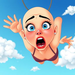 A beautiful bald cartoon woman with striking blue eyes and vibrant red lips, her facial expression conveying surprise and fear as she falls from a bright blue sky