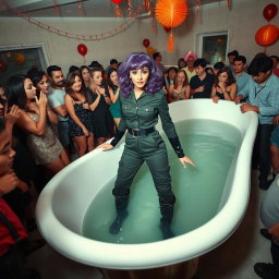 A vibrant party scene in a spacious room with an oversized bathtub filled with deep water
