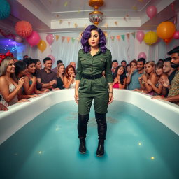 A vibrant party scene in a spacious room with an oversized bathtub filled with deep water