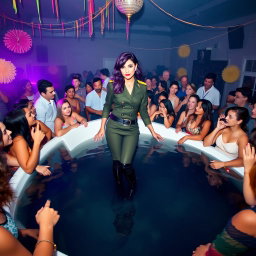 A vibrant party scene in a spacious room with an oversized bathtub filled with deep water