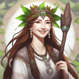 An image in the style of high-quality digital art, showing a joyful human female druid with brown hair and white skin