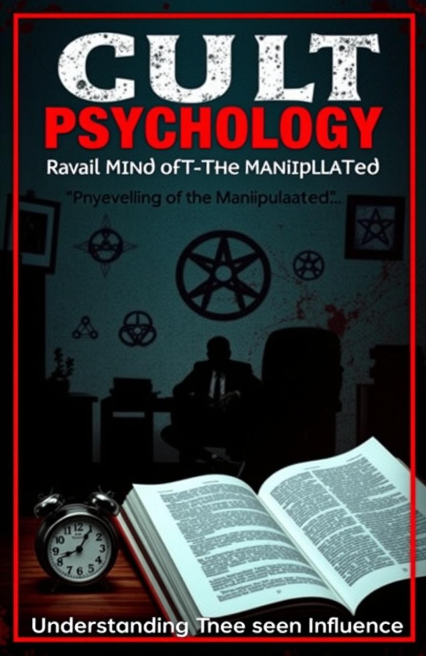 Cover design for an ebook titled 'Cult Psychology: Unraveling the Mind of the Manipulated', featuring a vintage early 2000s aesthetic