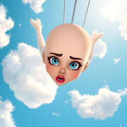 A beautiful bald cartoon woman with striking blue eyes and vibrant red lips, falling from the sky with a scared expression on her face