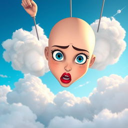 A beautiful bald cartoon woman with striking blue eyes and vibrant red lips, falling from the sky with a scared expression on her face