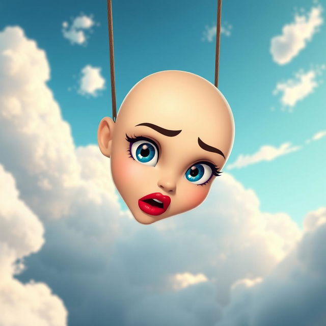 A beautiful bald cartoon woman with striking blue eyes and vibrant red lips, falling from the sky with a scared expression on her face