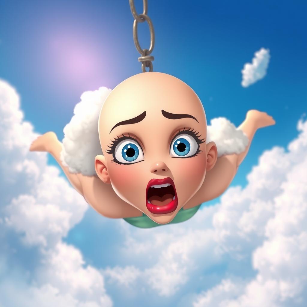 A beautiful bald cartoon woman with striking blue eyes and vibrant red lips, falling from the sky with a scared expression on her face
