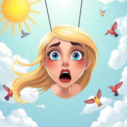 A beautiful blonde cartoon woman with vibrant blue eyes and striking red lips, depicted in a whimsical style, falling from the sky with a startled and scared expression on her face