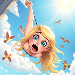 A beautiful blonde cartoon woman with vibrant blue eyes and striking red lips, depicted in a whimsical style, falling from the sky with a startled and scared expression on her face